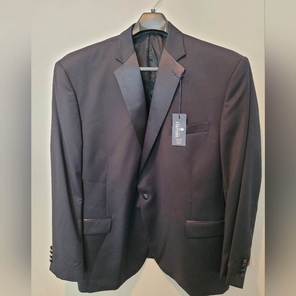 Mens black Stafford coat size 56 long and pants size 44x30